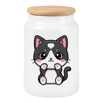 Chat de Kawaii avec des pattes rouges - Boîte à biscuits avec couvercle en bois - blanc - Devant