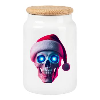 Crâne néon Santa - Boîte à biscuits avec couvercle en bois - blanc - Devant