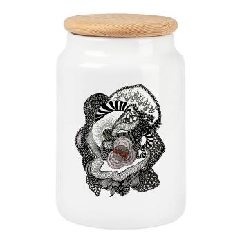 Black White Flower Spiral - Cookie Jar with Wooden Lid - white - Front