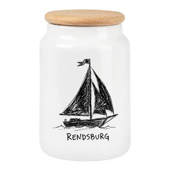 Segelboot Rendsburg – Handgezeichnete Skizze - Keksdose mit Holzdeckel - Weiß - Vorne