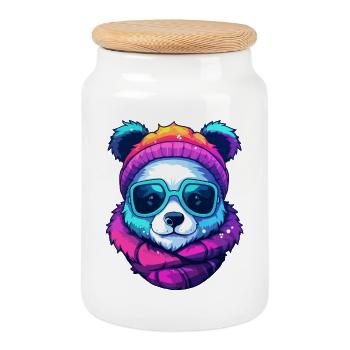 Neon-Regenbogenbär-Straßenstil mit Sonnenbrille - Keksdose mit Holzdeckel - Weiß - Vorne