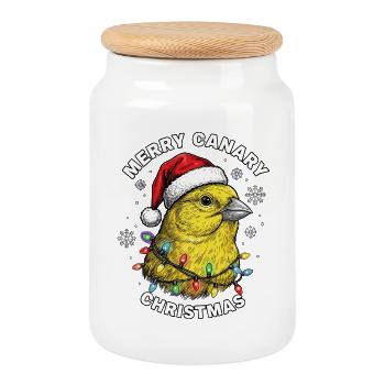 Noël Canari, le Père Noël Oiseau Chapeau de Noël - Boîte à biscuits avec couvercle en bois - blanc - Devant