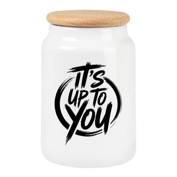„It’s Up To You“ – Starkes Statement für Erfolg - Keksdose mit Holzdeckel - Weiß - Vorne