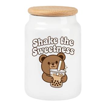 Kawaii Bär mit Bubble Tea - Keksdose mit Holzdeckel - Weiß - Vorne