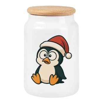 Pingouin mignon Chapeau de Père Noël maladroit - Boîte à biscuits avec couvercle en bois - blanc - Devant