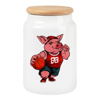 Schweinchen Basketballerin / Basketball Schweinche - Keksdose mit Holzdeckel - Weiß - Vorne