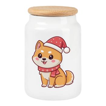 Naughty Christmas Shiba Dog Scarf - Cookie Jar with Wooden Lid - white - Front