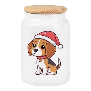 Chien Cartoon Noël Chapeau Santa - Boîte à biscuits avec couvercle en bois - blanc - Devant