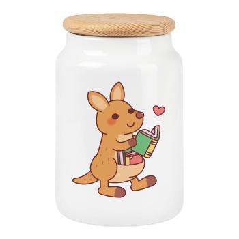 Cute Kangaroo Reads With Books In Pouch Funny - Cookie Jar with Wooden Lid - white - Front