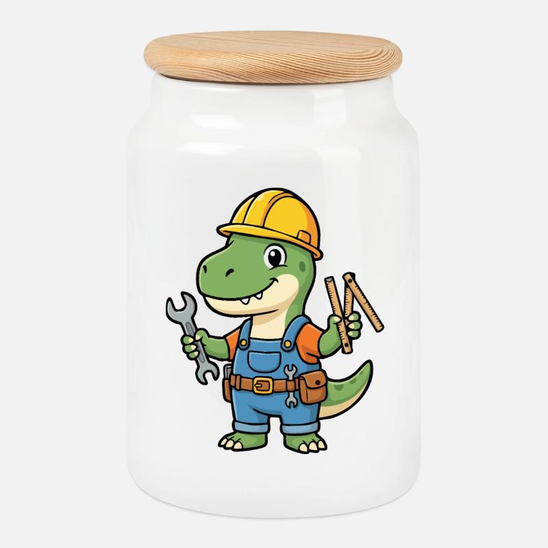 Dino Bauarbeiter mit Werkzeugen - Keksdose mit Holzdeckel - Weiß