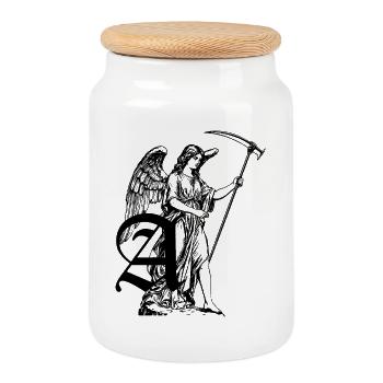 statue d’un ange ailé tenant une faux - Boîte à biscuits avec couvercle en bois - blanc - Devant