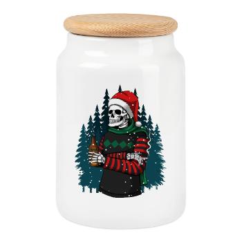 Skeleton in Santa hat drinking beer in winter forest - Cookie Jar with Wooden Lid - white - Front