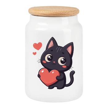 Chat noir cœur kawaii - Boîte à biscuits avec couvercle en bois - blanc - Devant