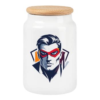 Hero Portrait Red Mask Comic Superhero Character - Cookie Jar with Wooden Lid - white - Front