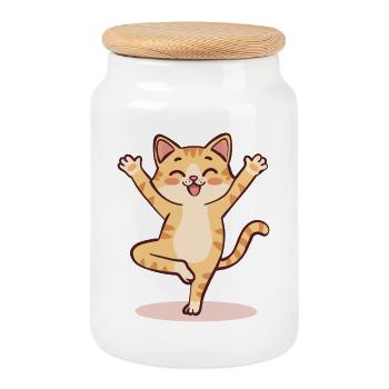 Dessin animé Yoga Cat | Mignonne posture du chat méditant - Boîte à biscuits avec couvercle en bois - blanc - Devant