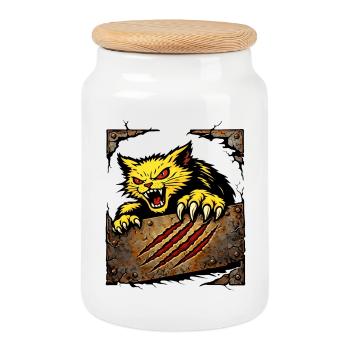 Illustration de l’attaque griffude du chat féroce - Boîte à biscuits avec couvercle en bois - blanc - Devant