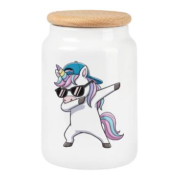 Cool Dabbing Unicorn Sunglasses Cartoon Art - Cookie Jar with Wooden Lid - white - Front