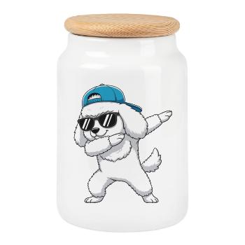 Cool Dabbing Poodle Sunglasses Cartoon Art - Cookie Jar with Wooden Lid - white - Front