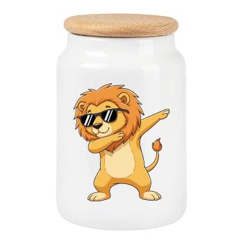 Cool Dabbing Lion Sunglasses Cartoon Art - Cookie Jar with Wooden Lid - white - Front