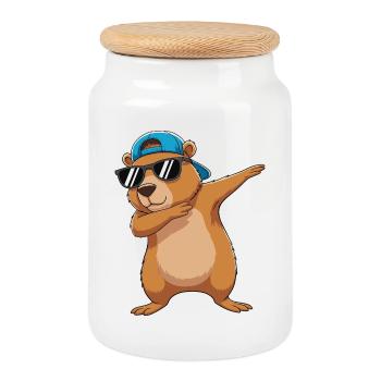 Cool Dabbing Bear Sunglasses Cartoon Art - Cookie Jar with Wooden Lid - white - Front
