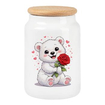 Süßer Bär mit Rose – Valentinstagsmotiv  - Keksdose mit Holzdeckel - Weiß - Vorne