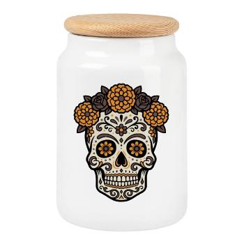 Vibrant DiaMuertos motif - Cookie Jar with Wooden Lid - white - Front