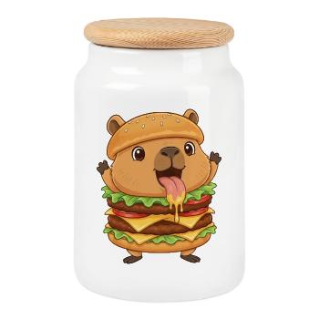 Déguisement de burger de fast-food en dessin animé drôle de capybara - Boîte à biscuits avec couvercle en bois - blanc - Devant