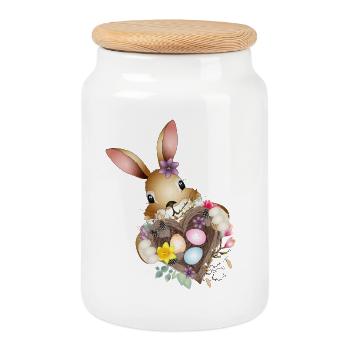 Cute Easter bunny with heart and Easter basket - Cookie Jar with Wooden Lid - white - Front