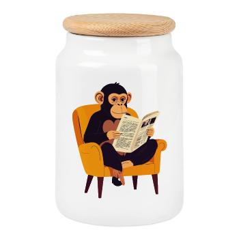 Singe lisant le journal dans un fauteuil motif drôle de singe - Boîte à biscuits avec couvercle en bois - blanc - Devant
