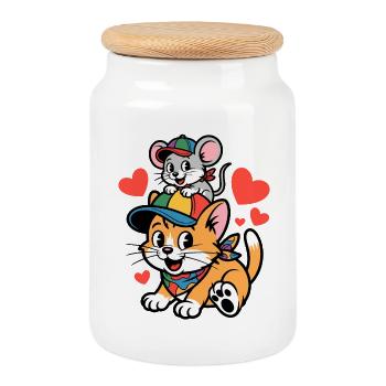 Cat and Mouse Friendship with Heart - Cookie Jar with Wooden Lid - white - Front