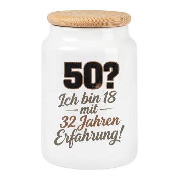 50 years, 18 with 32 years of experience - Cookie Jar with Wooden Lid - white - Front