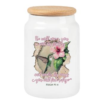 Bible Verse Christian Hummingbird - Cookie Jar with Wooden Lid - white - Front