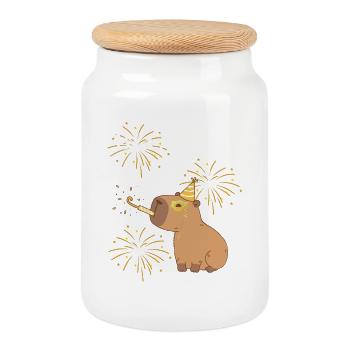 Blow Me Capibara and Fireworks - Cookie Jar with Wooden Lid - white - Front