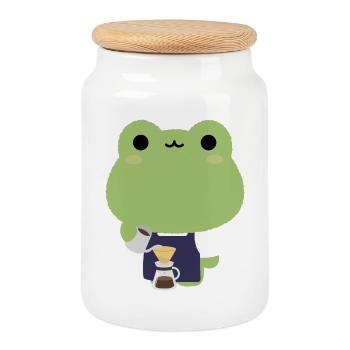 Kawaii Frog Barista - Boîte à biscuits avec couvercle en bois - blanc - Devant