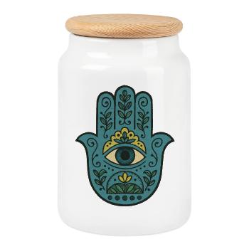 Hamsa Eye Floral Boho Palme - Keksdose mit Holzdeckel - Weiß - Vorne