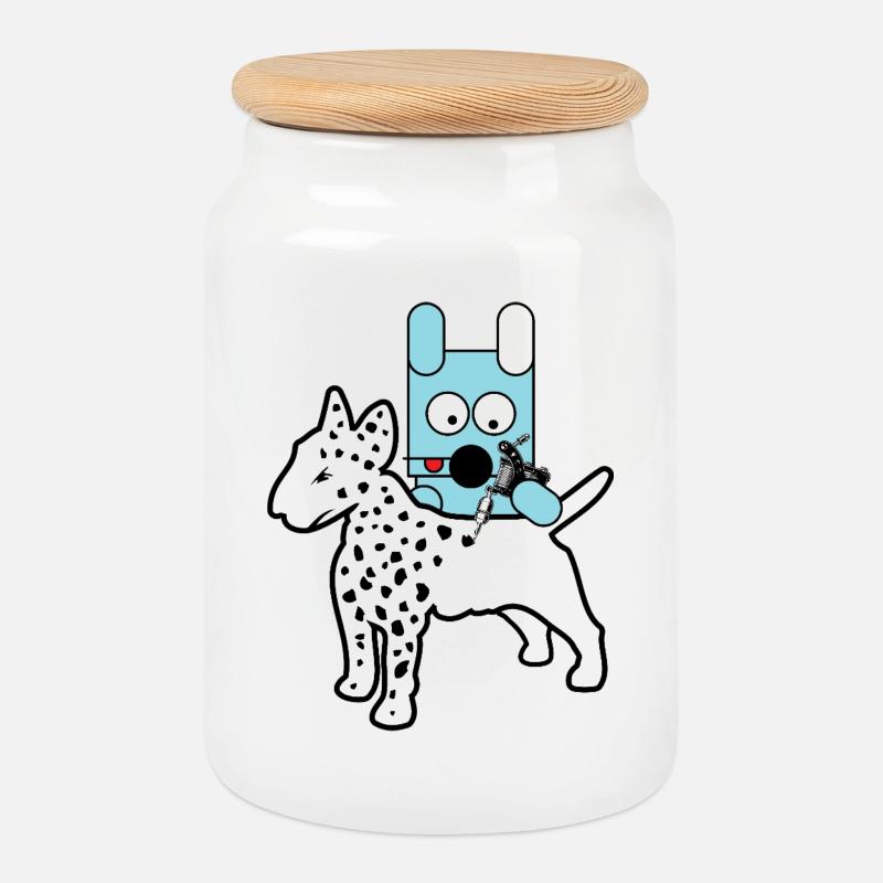Blauer Bot-Hund mit Spritze - Keksdose mit Holzdeckel - Weiß