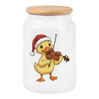 Christmas Duck Bird Playing Violin Art - Cookie Jar with Wooden Lid - white - Front