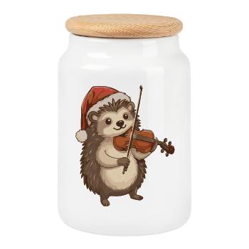 Hérisson de Noël Animal jouant du violon - Boîte à biscuits avec couvercle en bois - blanc - Devant