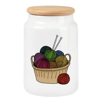 Knitting Colored Balls of Wool - Cookie Jar with Wooden Lid - white - Front