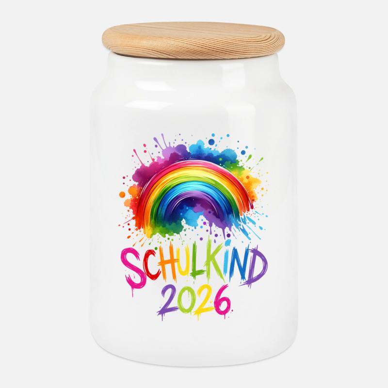 Schulkind 2026 Regenbogen - Keksdose mit Holzdeckel - Weiß