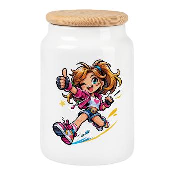 Héroïne de dessin animé énergique en mouvement - Boîte à biscuits avec couvercle en bois - blanc - Devant