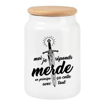 Moi j'réponds Merde en principe ça colle avec tout - Boîte à biscuits avec couvercle en bois - blanc - Devant