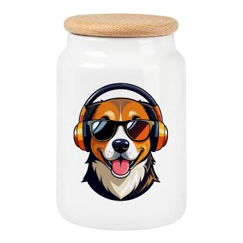 Chien avec un casque Beat Dog Cool Aussie Motif - Boîte à biscuits avec couvercle en bois - blanc - Devant