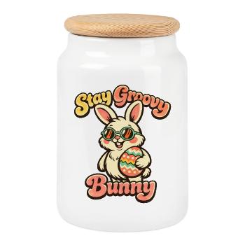 Lapin rétro avec lunettes de soleil Oreilles de lapin de Pâques - Boîte à biscuits avec couvercle en bois - blanc - Devant