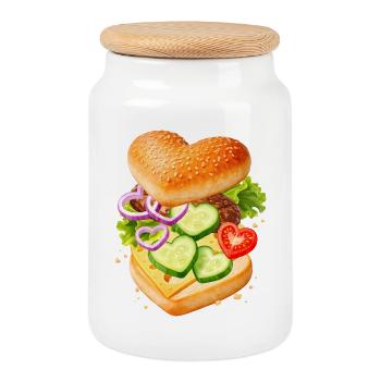 Illustration de burger en forme de cœur avec des légumes - Boîte à biscuits avec couvercle en bois - blanc - Devant