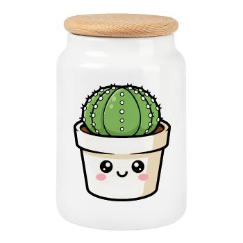 Kawaii Cactus in Pot - Cookie Jar with Wooden Lid - white - Front
