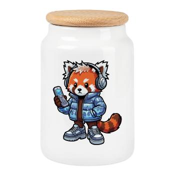 Red Panda with Headphones 90s - Cookie Jar with Wooden Lid - white - Front