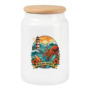 Ocean: Lighthouse, Waves and Octopus - Cookie Jar with Wooden Lid - white - Front