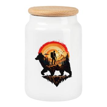 Hiker and Bear at Sunset - Cookie Jar with Wooden Lid - white - Front