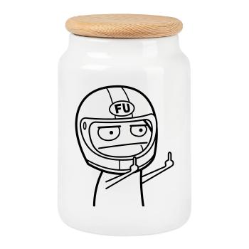 FU Meme with motorcycle helmet (colors can be changed) - Cookie Jar with Wooden Lid - white - Front